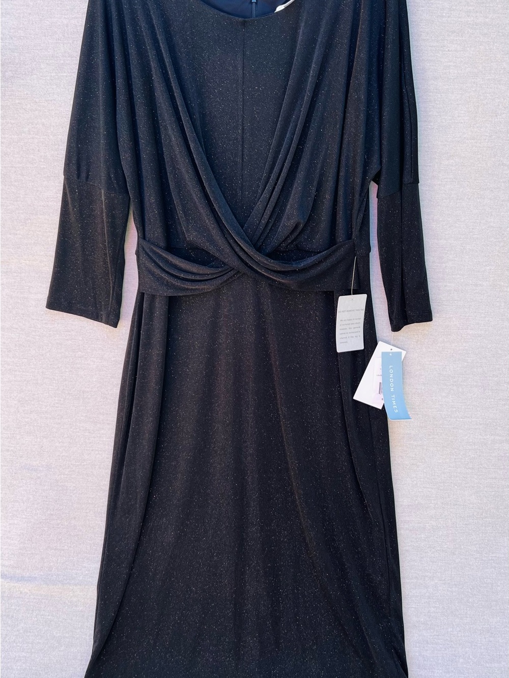 London Times Black Shimmer Wrap-Front 3/4 Sleeve Dress